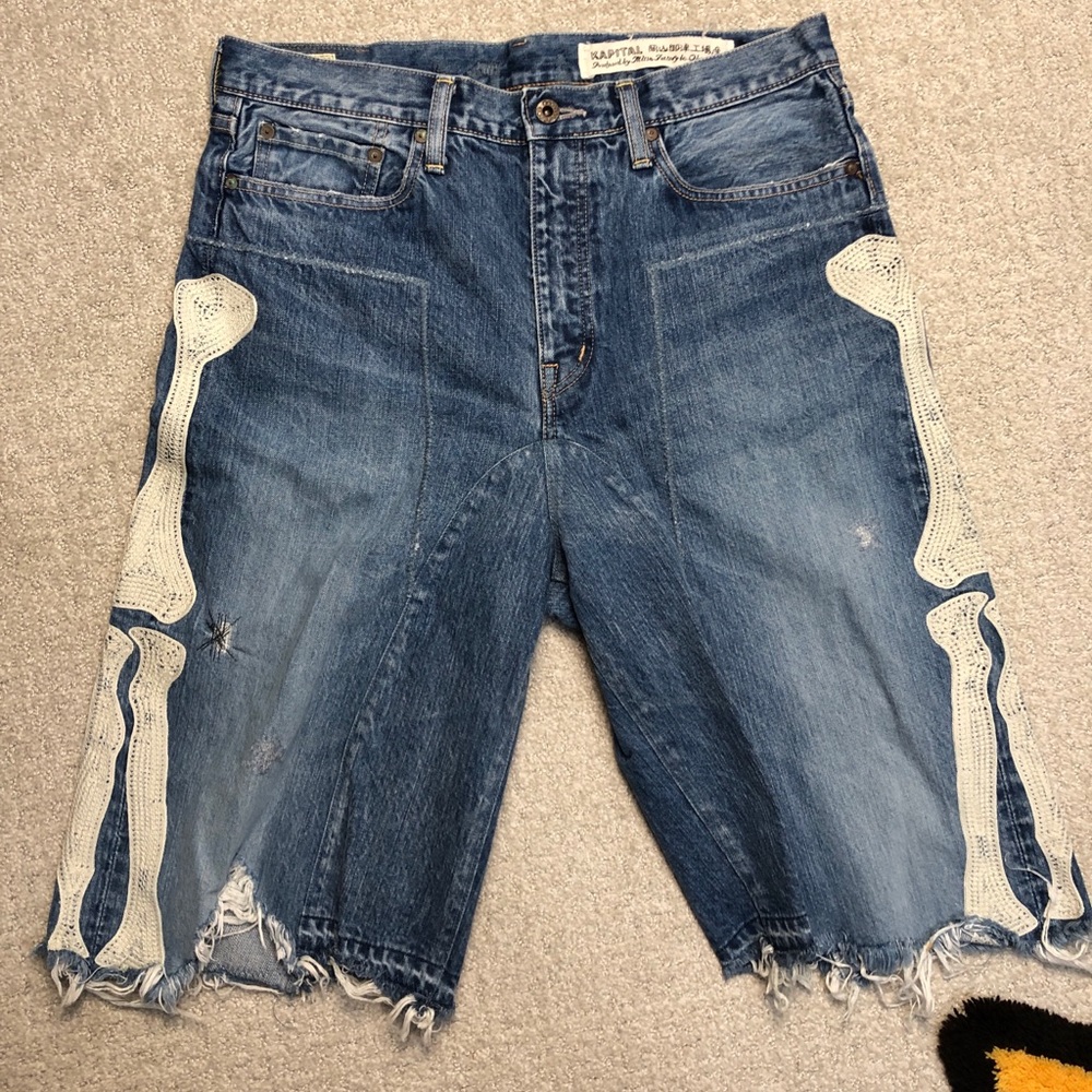 Kapital kountry 14oz denim short pants bone embroidery